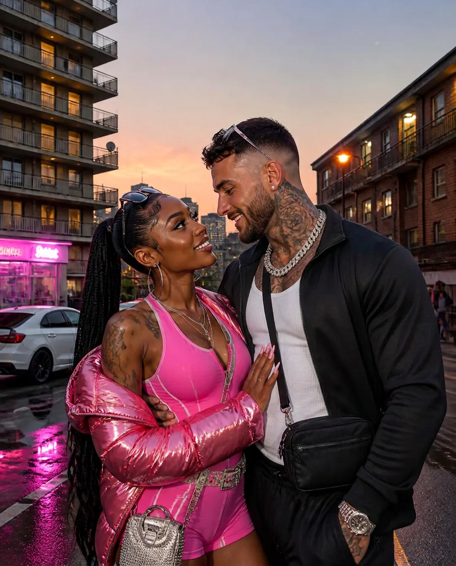 A glamorous British couple in bold pink and black sports fashion standing together on a UK council estate at dusk.